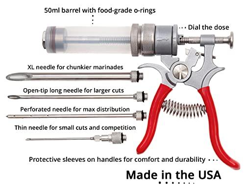 SPITJACK Magnum Meat Injector Gun with 4 Needles. Food Flavor Injection Syringe for Smoked BBQ Marinades and Meat Seasoning. Great for Pork Butt, Beef Brisket, Turkey Breast. Made in The USA. - CookCave