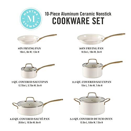 Martha Stewart Lockton Premium Nonstick PFA Free Ceramic Interior 10 Piece Heavy Gauge Enamel Aluminum Pots and Pans Cookware Set - Linen White w/Gold Handle - CookCave