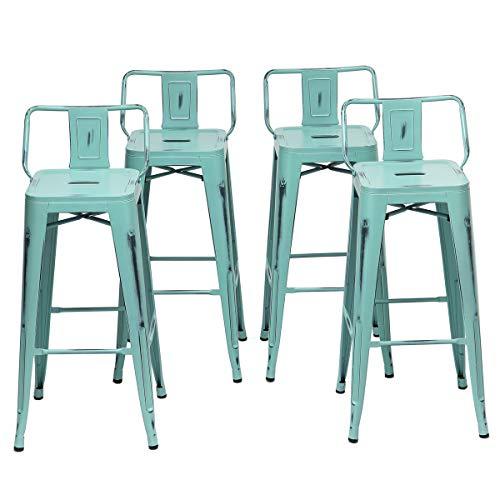 Changjie Furniture Metal Bar Stools Set of 4 Distressed Industrial Counter Bar Stool with Backs Bistro Cafe Barstools(30 inch, Distressed Blue-Green) - CookCave