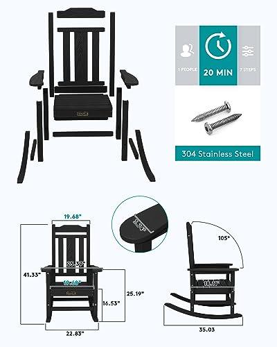 SERWALL Outdoor Rocking Chair, All Weather Resistant Patio Rocking Chair, HDPE Poly Rocking Chair for Adults, Heavy Duty Front Porch Rocker, Black - CookCave