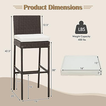 Tangkula Set of 2 Patio Wicker Barstools, Outdoor Bar Height Chair w/Soft Seat Cushion & Cozy Footrest, Heavy-Duty Metal Frame, 400 lbs Max Load, Mix Brown Rattan Bar Chair for Backyard, Balcony - CookCave