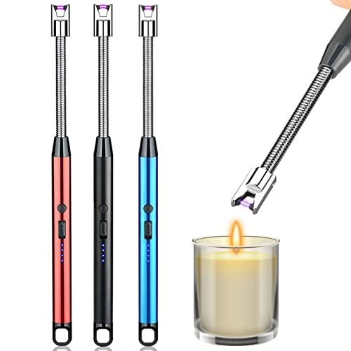 3 Pack Candle Lighter,Arc Lighter with USB Charging,Flameless Windproof,LED Battery Display,Safety Switch,Rotate 360 Degrees,for Aromatherapy,Candles,BBQ,Camping.(Blue&Red&Black) - CookCave