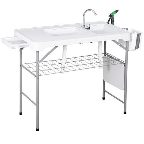Allpop Folding Fish Cleaning Table with 2 Sinks & Grid Rack, 42.5'' Portable Camping Fish Fillet Station with Foldable Faucet, Drainage Hose, Sprayer, Storage Box, Drawer & Grooves for Picnic, White… - CookCave