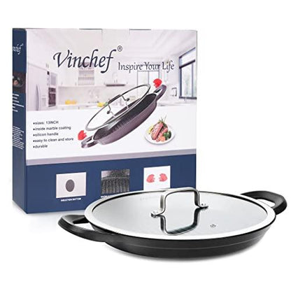 Vinchef Nonstick Grill Pan for Stove tops | 13.0" Skillet, Indoor Induction Cast-aluminum Grill Pan with Lid and Anti-Scalding Tools, GRANITEC Nonstick Coating, Dishwasher & Oven Safe - CookCave