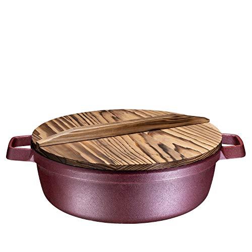 Bruntmor Pre-Seasoned 2-In-1 Instant Pot/Stock Pot With Lightweight Wooden Lid. Non-Stick Round Seasoned Cast Iron Pot |Round Bottom Wok Pan With Lid For Shabu Shabu Crock Pot | 5 Quart, Burgundy - CookCave