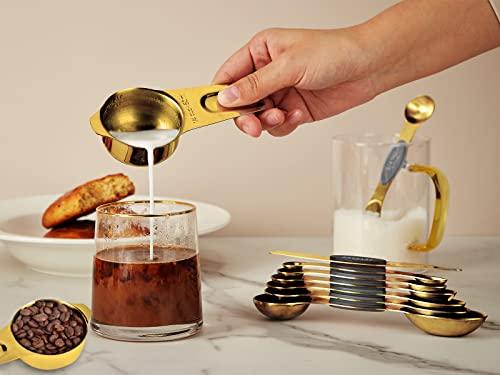 LIFETOWE Gold Measuring Cups and Spoons Set of 15, 18/8 Stainless Steel, Includes 7 Nesting Metal Measuring Cups,8 Magnetic Measuring Spoons set - Ideal Kitchen Gadgets for Cooking and Baking Needs - CookCave