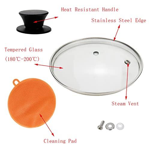 Geesatis 6.5"Tempered Glass Lid Heat Resistant Silicone Handle Frying Pan Lid Replacement Lid for Universal Pans, Pots, 1 Set, with Cleaning Pad - CookCave