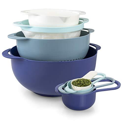 COOK WITH COLOR 8 Piece Nesting Bowls with Measuring Cups Colander and Sifter Set - Includes 2 Mixing Bowls, 1 Colander, 1 Sifter and 4 Measuring Cups, Teal - CookCave