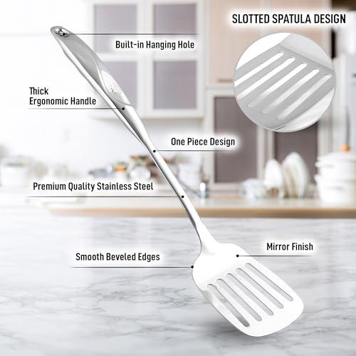 Zulay Kitchen Heavy Duty Stainless Steel Metal Spatula - 14.8" Stainless Steel Spatula for Cooking - Spatula Stainless Steel for Frying - Ergonomic Easy Grip Handle - Slotted Turner Grill Spatula - CookCave