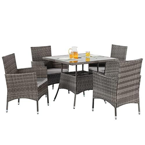 Wisteria Lane 5-Piece Wicker Outdoor Table and Chairs, Patio Dining Set w/Square Glass Tabletop and Umbrella Hole, Patio Table and Chairs Set for Backyard Deck Balcony Front Porch, Brown - CookCave