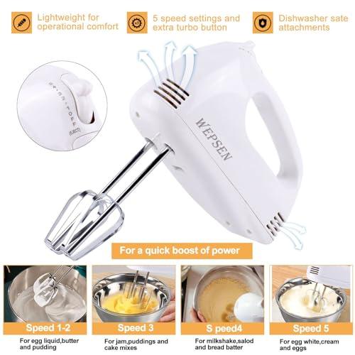 Hand Mixer Electric Mixing Bowls Set, 5 Speeds Handheld Mixer with 5 Nesting Stainless Steel Mixing Bowl, Measuring Cups and Spoons 200 Watt Kitchen Blender Whisk Beater Baking Supplies For Beginner - CookCave