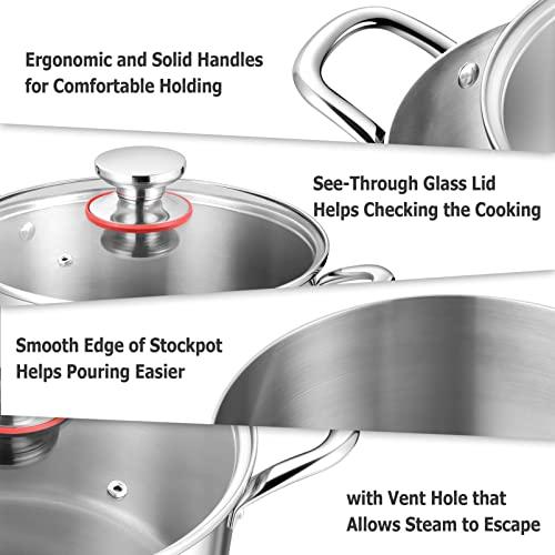 TeamFar 5 Quart Stock Pot, Stainless Steel Tri-Ply Cooking Pasta Soup Pot with See-Through Lid for Induction/Electric/Gas/Ceramic, Healthy & Heavy Duty, Ergonomic Handle & Dishwasher Safe - CookCave