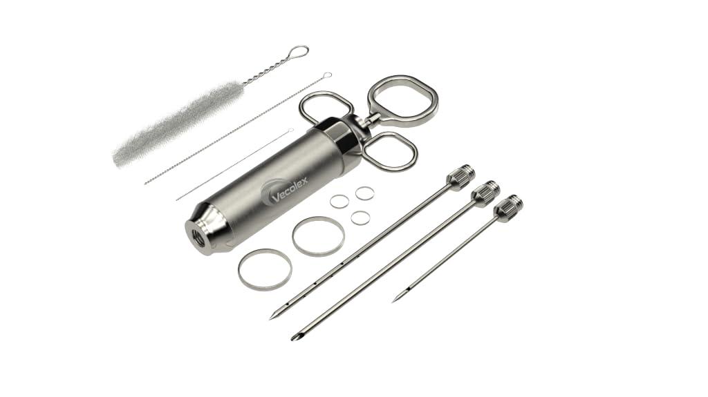 Vecolex Stainless Steel Meat Injector Marinade Syringe Heavy Duty 2 Oz with 3 Needles 3 Brushes Spare O Rings Users Manual and Recipe E-Book - CookCave