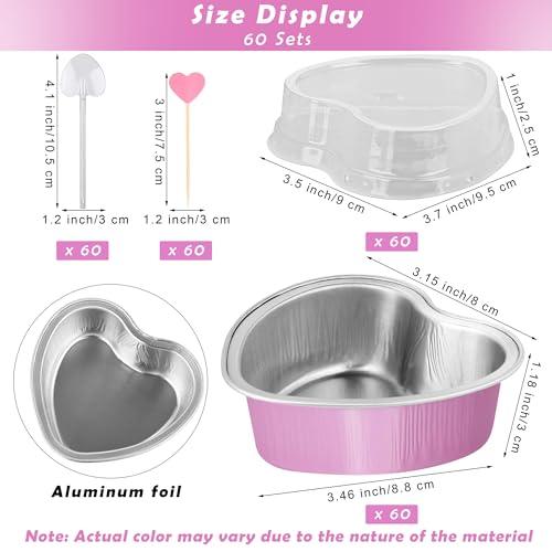 Fovths 60 Pack Valentine‘s Day Heart Shaped Cake Pans with Lids 3.4oz/100ml Disposable Valentine Baking Supplies Aluminum Foil Heart Pans with Spoon Heart Topper for Valentine Mother's Day Party, Pink - CookCave