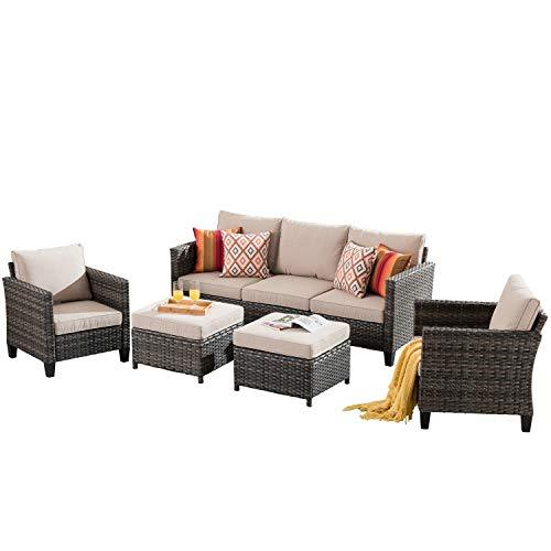 ovios Outdoor Furniture 5 Pieces Patio Furniture Set Sectional Conversation Set All Weather Wicker Rattan Sofa Couch for Yard Deck Porch, Grey Wicker, Beige Cushion - CookCave