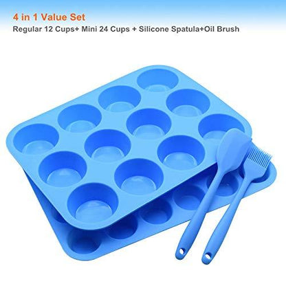 Silicone Muffin Pan Cupcake Set – Non-Stick 12 Cups and Mini 24 Cups,Silicone Baking Molds,BPA Free Muffin Tin with 1 Silicone Spatula & 1 Oil Brush (blue) - CookCave