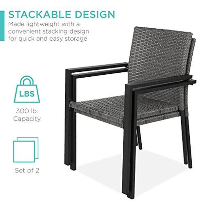 Best Choice Products Set of 2 Stackable Outdoor Wicker Dining Chairs All-Weather Firepit Armchair w/Armrests, Steel Frame for Patio, Deck, Garden, Yard - Gray - CookCave