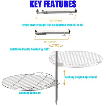 BBQSTAR Detachable Swivel Grill for 19.5" Wood Burning Firepit as Solo Stove Bonfire Hotshot Explorer; Outdoor Firepit Grill Accessory Kit W/Stainless Steel Cooking Grate, Fire Poker,Carry Bag - CookCave