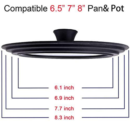 Universal Lid for Pots, Pans and Skillets - Tempered Glass with Heat Resistant Silicone Rim and Heat Resistant Handle Fits 6.5", 7" and 8" Diameter Cookware, Black - CookCave