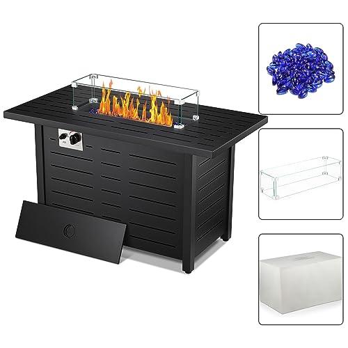 R.W.FLAME 43" Fire Pit Table,Propane Fire Pit Table with Blue Glass Rocks and Tempered Glass Wind Guard.Outdoor Fire Pit with Lid and Rain Cover,Fire Gas Fire Pit/Patio/Deck,50000BTU - CookCave