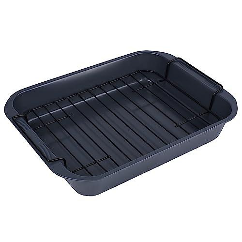 MEIHORSY Roasting Pans with Rack, 15x10.5x2.5 Inch Turkey Roaster for Small Turkey, Chicken, Meats & Veggies, Lasagna(Gray) - CookCave