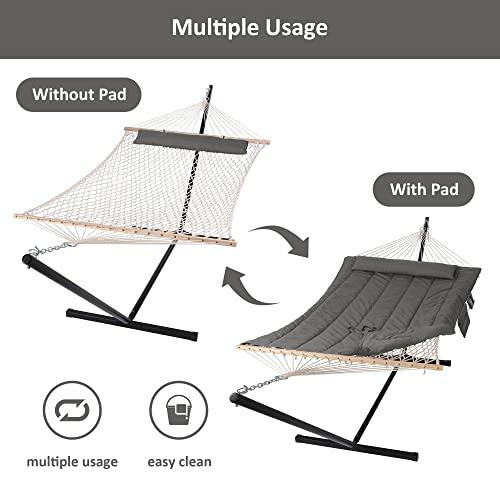 SUNCREAT Double Outdoor Hammock with Stand, Two Person Cotton Rope Hammock with Polyester Pad, Dark Gray - CookCave