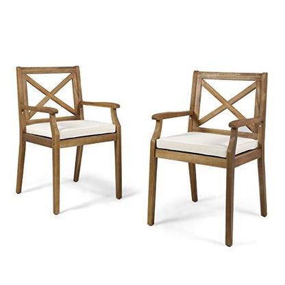 Christopher Knight Home Peter | Outdoor Acacia Wood Dining Chair Set of 2, Teak/Cream Cushion - CookCave