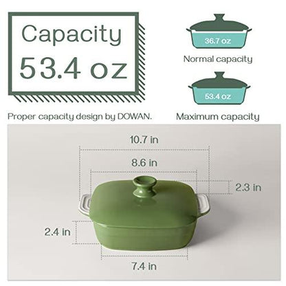 DOWAN Baking Dish With Lid, Ceramic Casseroles dish with lids, Lasagna Pan Deep, 53.4 OZ Rectangular Bakeware With Handle Oven Safe for Cooking, Dinner, Halloween Home Gift, 8 x 8 Inches, Green - CookCave