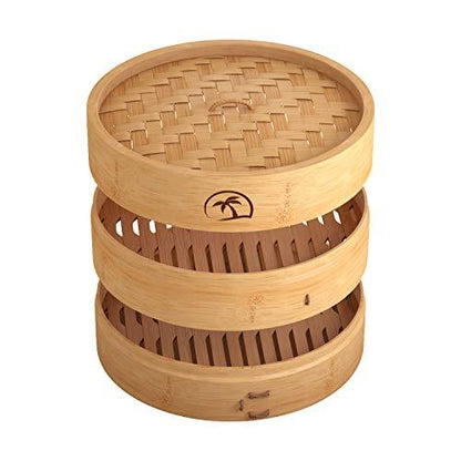 DEALZNDEALZ 3-Piece Bamboo Steamer Basket with Lid 10-inch 2-Tier, 50 Perforated Bamboo Steamer Liners with 2-Pairs of Bamboo Chopsticks - CookCave