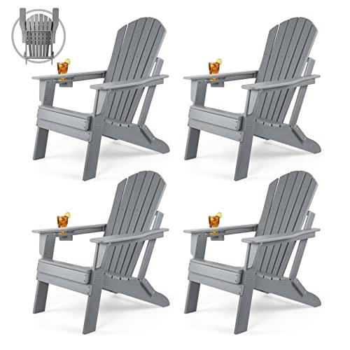 FUNBERRY Folding Adirondack Chair Set of 4, Fire Pit Chairs, Plastic Adirondack Chairs Weather Resistant with Cup Holder, Composite Adirondack Chairs - CookCave