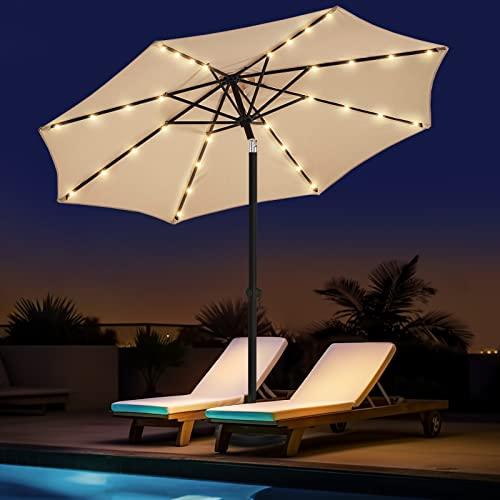 wikiwiki 9ft Outdoor Patio Table Umbrella, Sturdy Solar Led Market Umbrella for Deck, Pool, Garden w/Tilt, Crank, 32 LED Lights - Beige - CookCave