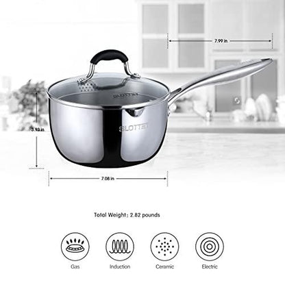 SLOTTET Tri-Ply Whole-Clad Stainless Steel Sauce Pan with Pour Spout,2.5 Quart Small Multipurpose Pasta Pot with Strainer Glass Lid, Saucepan for Cooking with Stay-cool Handle. - CookCave