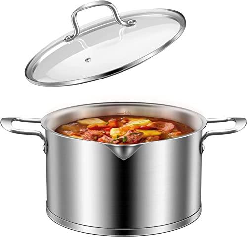 5 Quart Stainless Steel Induction Stock Pot with Glass Lid, 5 Qt Multipurpose Cooking Soup Pot with Pour Spout, Scale Engraved Inside, Dishwasher Oven Safe - CookCave