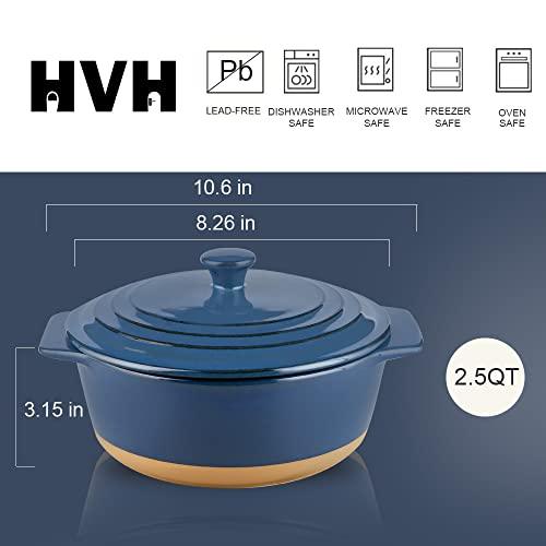 HVH Ceramic Casserole Dish with Lid Oven Safe, 2 Quart Round Casserole Dish Set, 9 Inches Round Baking Dish with Lid Oven Safe, Deep Baking Dishes for Oven with Lids for Party, Farmhouse Style (Blue) - CookCave