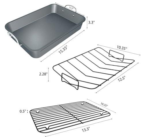 Mikim Nonstick Roasting Pan with Rack - Large Turkey and Chicken Roaster, 15.3"x11.5", Gray - CookCave