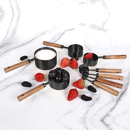 PrettyFine Collection 8 Piece Black Measuring Cups Set and Measuring Spoons, Golden With fragrant wood Handles-Complete Set of Measure Cups and Spoons For Cooking and Baking. - CookCave