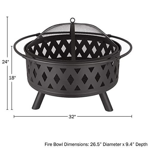 Fire Pit Set, Wood Burning Pit - Includes Screen, Cover and Log Poker - Great for Outdoor and Patio, 32 inch Round Crossweave Firepit by Pure Garden - CookCave