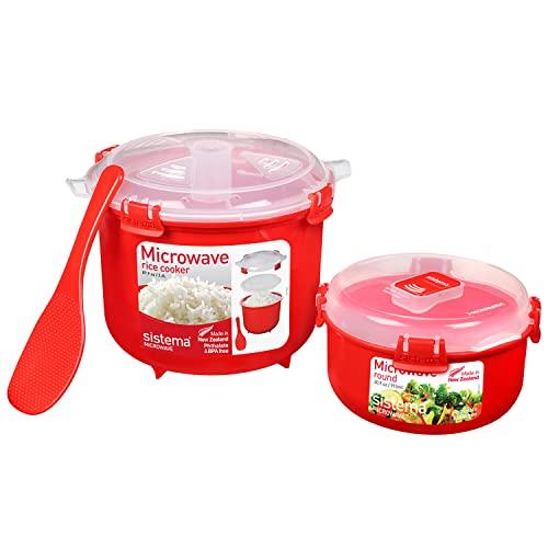 Sistema Microwave Rice Cooker and Steamer Bowl for Vegetables with Steam Release Vent, Dishwasher Safe, Red - CookCave