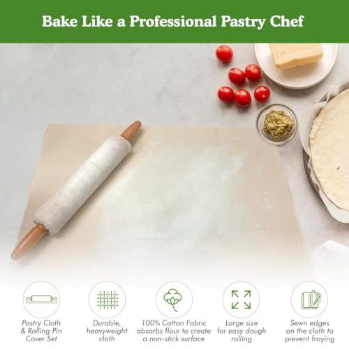 Regency Wraps Natural Pastry Cloth & Rolling Pin Cover Set, 100% Cotton Cloth & Pin Cover for Non-Stick Dough Rolling, 20x24" cloth with Sewn Edges,15" Rolling Pin Cover - CookCave