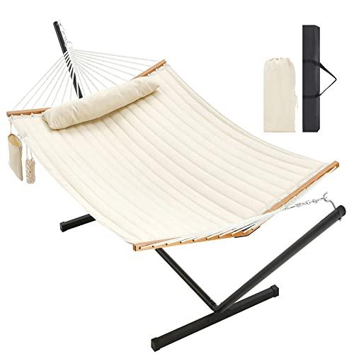 Homgava Two Person Hammock with Stand Heavy Duty, Outdoor Patio Hammock with Portable Steel Stand, Large Double Hammocks,480lbs Capacity.(Off White) - CookCave