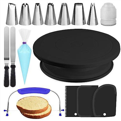 RFAQK 35PCs Cake Decorating Supplies Kit and Leveler-Rotating Cake Turntable with Non Slip pad-7 Icing Tips and 20 Bags- Straight & Offset Spatula-3 Scraper Set -Ebook, Black - CookCave