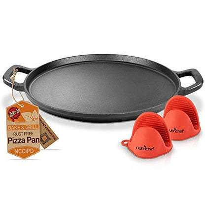 NutriChef 14" Cast Iron Baking Pan Steel Pizza W/Easy Grip Gas, Electric, Glass, Induction Cooker, Oven, & Grill/Campfire-2 Silicone Handles, avarage, Black - CookCave