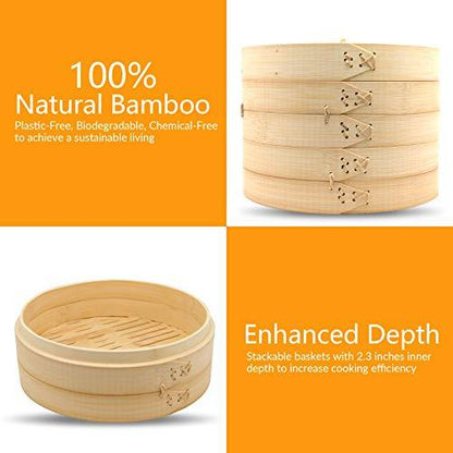 HAPPi STUDIO Bamboo Steamer Basket With Steamer Ring - 10 inch Dumpling Steamer Basket - Large Bamboo Steamer for Cooking Bao Buns, Dim Sum - Chinese Steamer Bamboo Steam Basket - Steaming Basket - CookCave