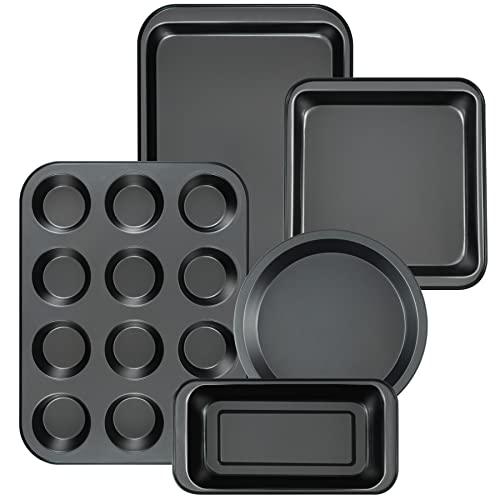 Baking Pans Nonstick Set, 5-Piece Bakeware Sets with Round/Square Cake Pan, Muffin Pan, Loaf Pan, Roast Pan, Baking Sheets for Oven, mobzio Kitchen Cookware Sets Baking Supplies - CookCave