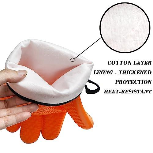 Silicone Gloves Oven Mitts Heat Resistant BBQ Smoker Grill Gloves Handle Hot Food Pulled Pork Gloves for Cooking Baking Grilling Barbecue Potholder Five Finger Gloves with Inner Cotton Layer - Orange - CookCave