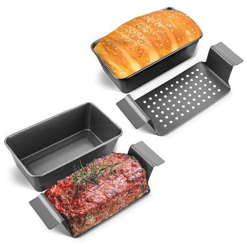 HONGBAKE 4 Pack Meatloaf Pan with Drain Tray, 9 x 5 Inches Loaf Pans with Insert, Nonstick Meat Loaf for Baking, Grey - CookCave