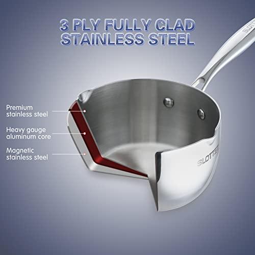 SLOTTET Tri-Ply Whole-Clad Stainless Steel Sauce Pan with Pour Spout,2.5 Quart Small Multipurpose Pasta Pot with Strainer Glass Lid, Saucepan for Cooking with Stay-cool Handle. - CookCave