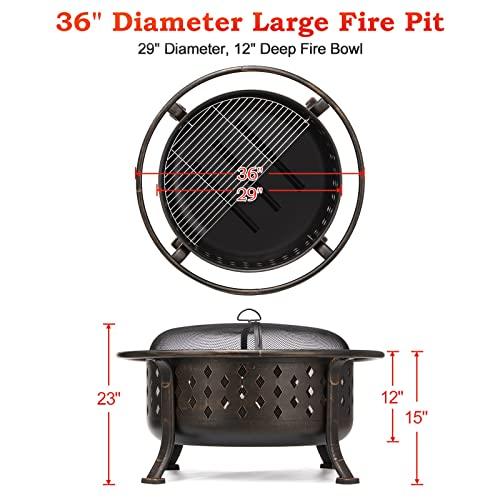 SINGLYFIRE 36 Inch Fire Pits for Outside Large Outdoor Wood Burning Crossweave firepit Heavy Duty Steel Bronze Bonfire Pit for Patio Backyard Garden with BBQ Grate,Spark Screen,Log Grate,Poker - CookCave