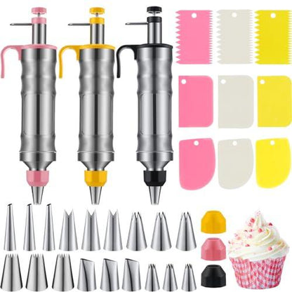 Ziliny 3 Sets Dessert Decorating Syringe Set, Cupcake Frosting Filling Injector with 6 Icing Nozzles 1 Nozzle Connector 3 Cream Scrapers Icing Tool, Cake Decorating Kit, Main Stainless Steel Design - CookCave