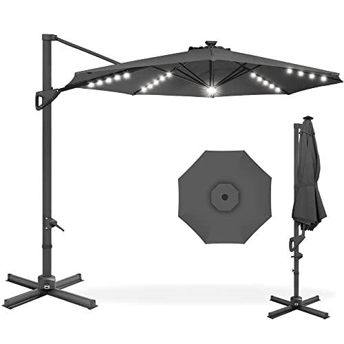 Best Choice Products 10ft Solar LED Cantilever Patio Umbrella, 360-Degree Rotation Hanging Offset Market Outdoor Sun Shade for Backyard, Deck, Poolside w/Lights, Easy Tilt, Cross Base - Gray - CookCave